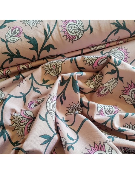 Tissu, Jersey de Coton Imprimé Fleuri Magique, Rose Poudré Solaire, Laize 150 cm, Coton Stretch Oeko-Tex