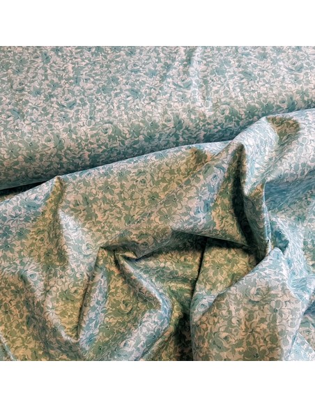Tissu, Popeline de Coton Fleurie, Bleu Turquoise, Laize 150 cm, 100% Coton 118g/m²