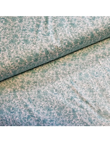 Tissu, Popeline de Coton Fleurie, Bleu Turquoise, Laize 150 cm, 100% Coton 118g/m²