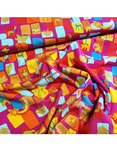 Tissu, Jersey de Coton Imprimé Animaux Mignons, Rose Fuschia, Laize 150 cm, Coton Stretch Oeko-Tex
