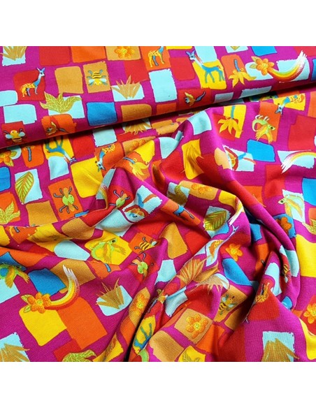 Tissu, Jersey de Coton Imprimé Animaux Mignons, Rose Fuschia, Laize 150 cm, Coton Stretch Oeko-Tex
