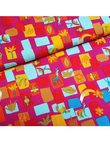 Tissu, Jersey de Coton Imprimé Animaux Mignons, Rose Fuschia, Laize 150 cm, Coton Stretch Oeko-Tex