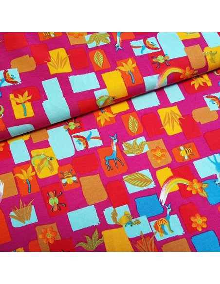 Tissu, Jersey de Coton Imprimé Animaux Mignons, Rose Fuschia, Laize 150 cm, Coton Stretch Oeko-Tex