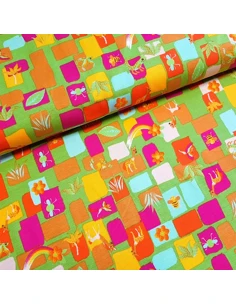 Tissu, Jersey de Coton Imprimé Animaux Mignons, Vert Pomme, Laize 150 cm, Coton Stretch Oeko-Tex
