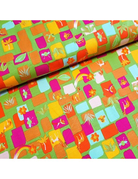 Tissu, Jersey de Coton Imprimé Animaux Mignons, Vert Pomme, Laize 150 cm, Coton Stretch Oeko-Tex