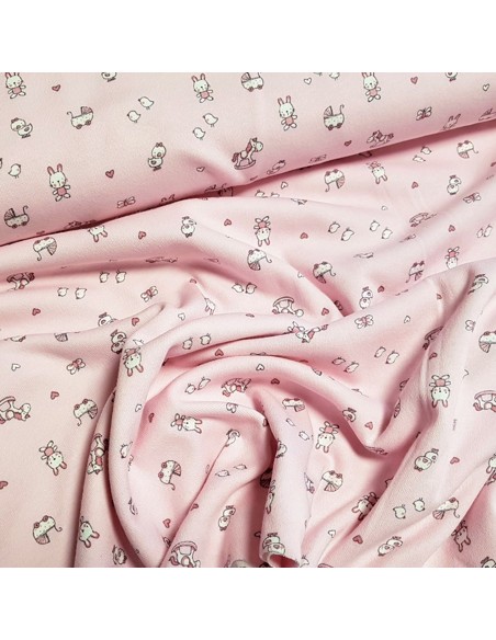 Tissu, Jersey de Coton Imprimé Petits Jouets, Rose Doux, Laize 150 cm, Coton Oeko-Tex