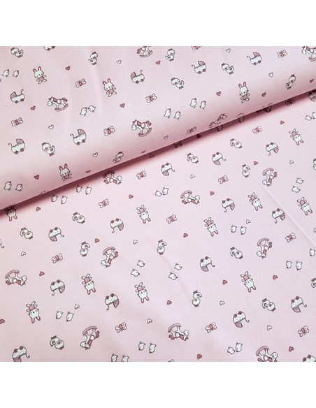 Tissu, Jersey de Coton Imprimé Petits Jouets, Rose Doux, Laize 150 cm, Coton Oeko-Tex