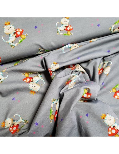 Tissu, Jersey de Coton Imprimé Chatons Princes, Gris Royal, Laize 150 cm, Coton Stretch Oeko-Tex