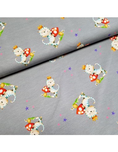 Tissu, Jersey de Coton Imprimé Chatons Princes, Gris Royal, Laize 150 cm, Coton Stretch Oeko-Tex