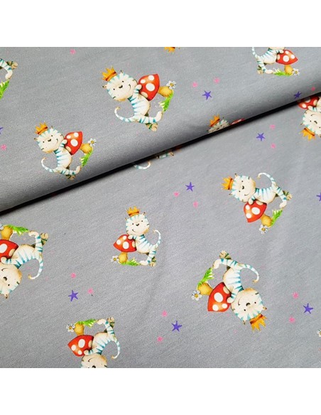 Tissu, Jersey de Coton Imprimé Chatons Princes, Gris Royal, Laize 150 cm, Coton Stretch Oeko-Tex