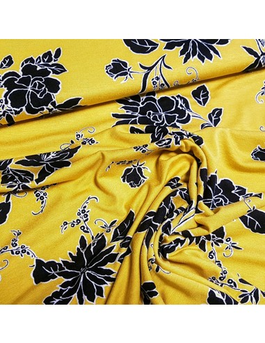 Tissu, Jersey Fleuri, Jaune Moutarde, Laize 150 cm, Viscose Stretch Oeko-Tex