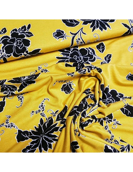 Tissu, Jersey Fleuri, Jaune Moutarde, Laize 150 cm, Viscose Stretch Oeko-Tex