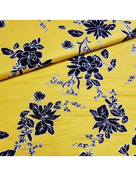 Tissu, Jersey Fleuri, Jaune Moutarde, Laize 150 cm, Viscose Stretch Oeko-Tex