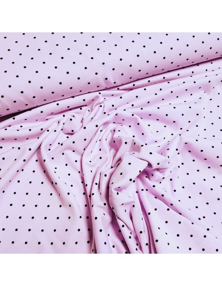 Tissu, Jersey de Coton Imprimé Petits Pois, Rose Poudré et Noir, Laize 150 cm, Coton Stretch Oeko-Tex