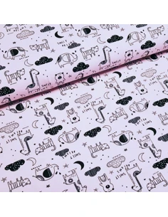 Tissu, Jersey de Coton Imprimé Animaux Dormeurs, Mauve Doux, Laize 150 cm, Coton Stretch Oeko-Tex