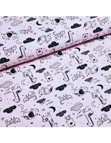 Tissu, Jersey de Coton Imprimé Animaux Dormeurs, Mauve Doux, Laize 150 cm, Coton Stretch Oeko-Tex