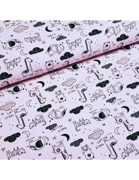 Tissu, Jersey de Coton Imprimé Animaux Dormeurs, Mauve Doux, Laize 150 cm, Coton Stretch Oeko-Tex