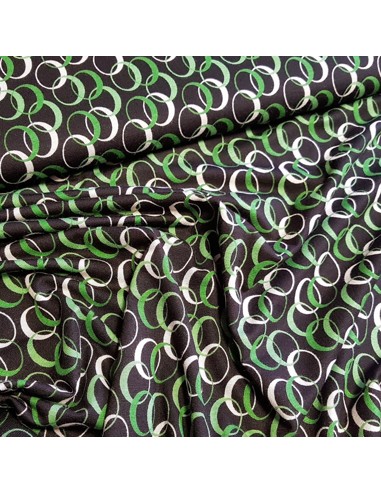 Tissu, Jersey de Coton Imprimé Cercles, Vert, Blanc et Noir, Laize 150 cm, Coton Stretch Oeko-Tex