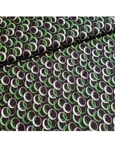 Tissu, Jersey de Coton Imprimé Cercles, Vert, Blanc et Noir, Laize 150 cm, Coton Stretch Oeko-Tex