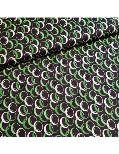 Tissu, Jersey de Coton Imprimé Cercles, Vert, Blanc et Noir, Laize 150 cm, Coton Stretch Oeko-Tex