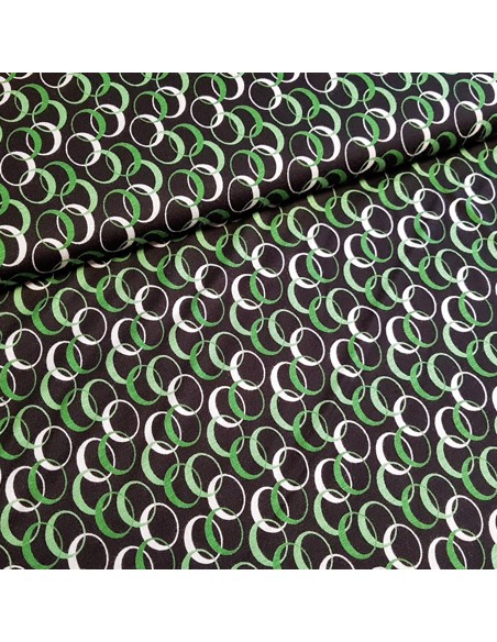 Tissu, Jersey de Coton Imprimé Cercles, Vert, Blanc et Noir, Laize 150 cm, Coton Stretch Oeko-Tex