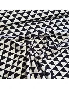 Tissu, Jersey de Coton Imprimé Triangles, Black and White, Laize 150 cm, Coton Stretch Oeko-Tex 2