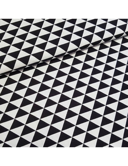 Tissu, Jersey de Coton Imprimé Triangles, Black and White, Laize 150 cm, Coton Stretch Oeko-Tex