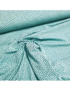 Tissu, Jersey de Coton Imprimé Gouttes, Noir sur Turquoise, Laize 150 cm, Coton Stretch Oeko-Tex 2
