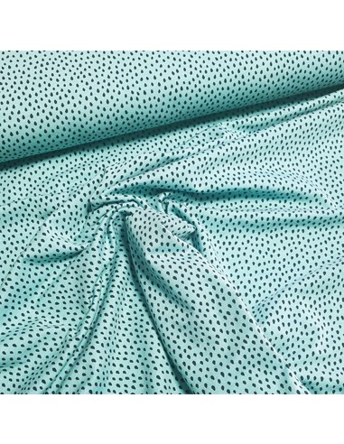 Tissu, Jersey de Coton Imprimé Gouttes, Noir sur Turquoise, Laize 150 cm, Coton Stretch Oeko-Tex