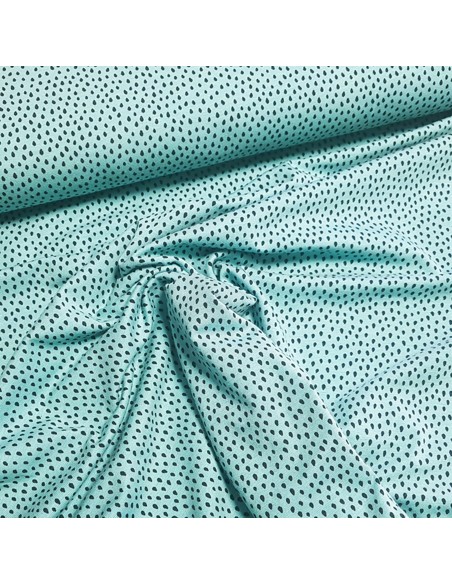 Tissu, Jersey de Coton Imprimé Gouttes, Noir sur Turquoise, Laize 150 cm, Coton Stretch Oeko-Tex