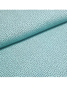 Tissu, Jersey de Coton Imprimé Gouttes, Noir sur Turquoise, Laize 150 cm, Coton Stretch Oeko-Tex