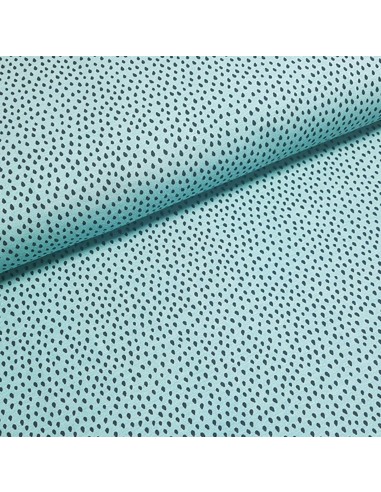 Tissu, Jersey de Coton Imprimé Gouttes, Noir sur Turquoise, Laize 150 cm, Coton Stretch Oeko-Tex