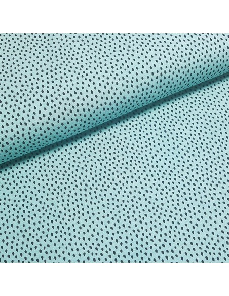Tissu, Jersey de Coton Imprimé Gouttes, Noir sur Turquoise, Laize 150 cm, Coton Stretch Oeko-Tex