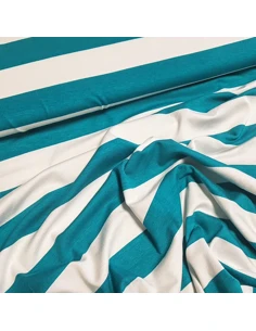 Tissu, Jersey Rayures, Turquoises et Blanches, Laize 150 cm, Viscose Stretch Oeko-Tex 2