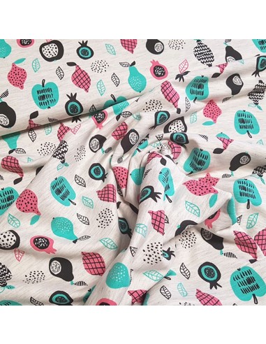Tissu, Jersey de Coton Imprimé, Fruits Colorés sur Fond Gris Chiné, Laize 150 cm, Mélange Coton Stretch Oeko-Tex