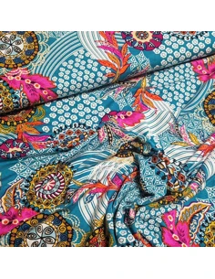 Tissu, Jersey Imprimé Symboles, Bleu Pétrole, Laize 150 cm, Viscose Stretch Oeko-Tex 2