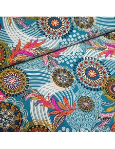 Tissu, Jersey Imprimé Symboles, Bleu Pétrole, Laize 150 cm, Viscose Stretch Oeko-Tex