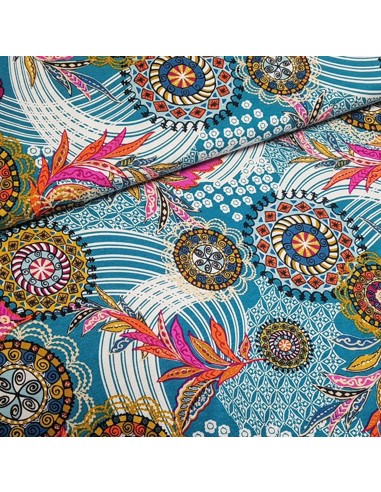 Tissu, Jersey Imprimé Symboles, Bleu Pétrole, Laize 150 cm, Viscose Stretch Oeko-Tex