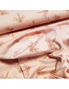 Tissu, Jersey de Coton Imprimé Libellules, Rose Poudré Douceur, Laize 150 cm, Coton Stretch Oeko-Tex 2