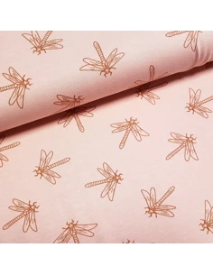 Tissu, Jersey de Coton Imprimé Libellules, Rose Poudré Douceur, Laize 150 cm, Coton Stretch Oeko-Tex