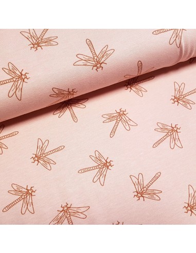 Tissu, Jersey de Coton Imprimé Libellules, Rose Poudré Douceur, Laize 150 cm, Coton Stretch Oeko-Tex