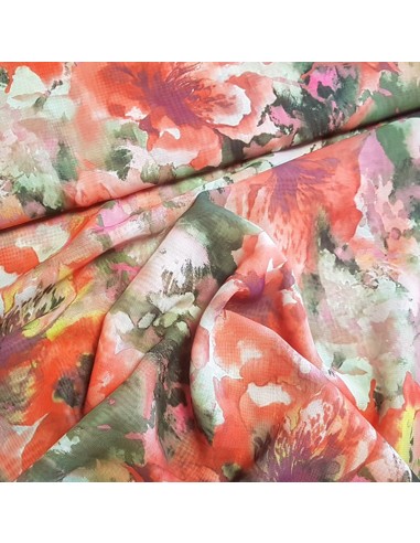 Tissu, Mousseline Fleurie, Rouge Floral, Laize 150 cm, 100% Polyester