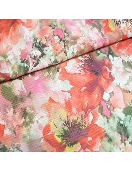 Tissu, Mousseline Fleurie, Rouge Floral, Laize 150 cm, 100% Polyester