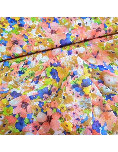 Tissu, Mousseline Imprimé Floral Multicolore, Laize 150 cm, 100% Polyester