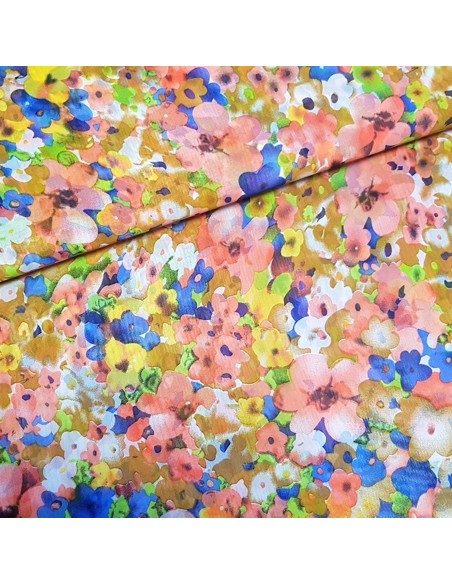 Tissu, Mousseline Imprimé Floral Multicolore, Laize 150 cm, 100% Polyester