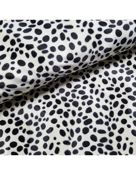 Tissu, Velours Ras Imprimé Dalmatien, Noir et Blanc, Laize 150 cm, 100% Polyester 360g/ml