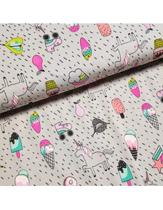 Tissu, Jersey de Coton Imprimé Licornes Funs, Bleu Gris Unicorn Party, Laize 150 cm, Coton Stretch Oeko-Tex
