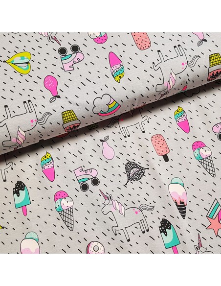 Tissu, Jersey de Coton Imprimé Licornes Funs, Bleu Gris Unicorn Party, Laize 150 cm, Coton Stretch Oeko-Tex