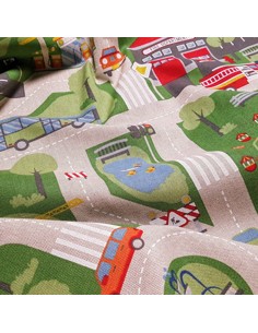 Tissu, Imitation Lin Motif Route, Multicolore, Laize 140 cm, Bachette Coton/Polyester 2