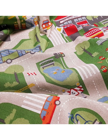 Tissu, Imitation Lin Motif Route, Multicolore, Laize 140 cm, Bachette Coton/Polyester